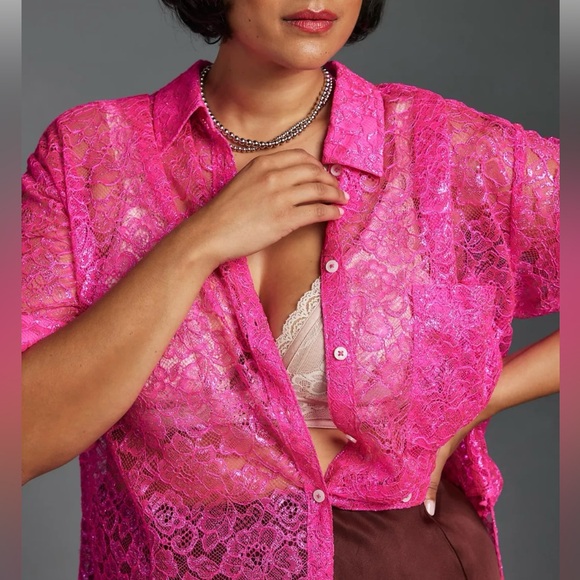 Anthropologie Tops - NWT ANTHROPOLOGIE METALLIC LACE BUTTONDOWN SHIRT BLOUSE TOP
MAGENTA PINK SIZE L